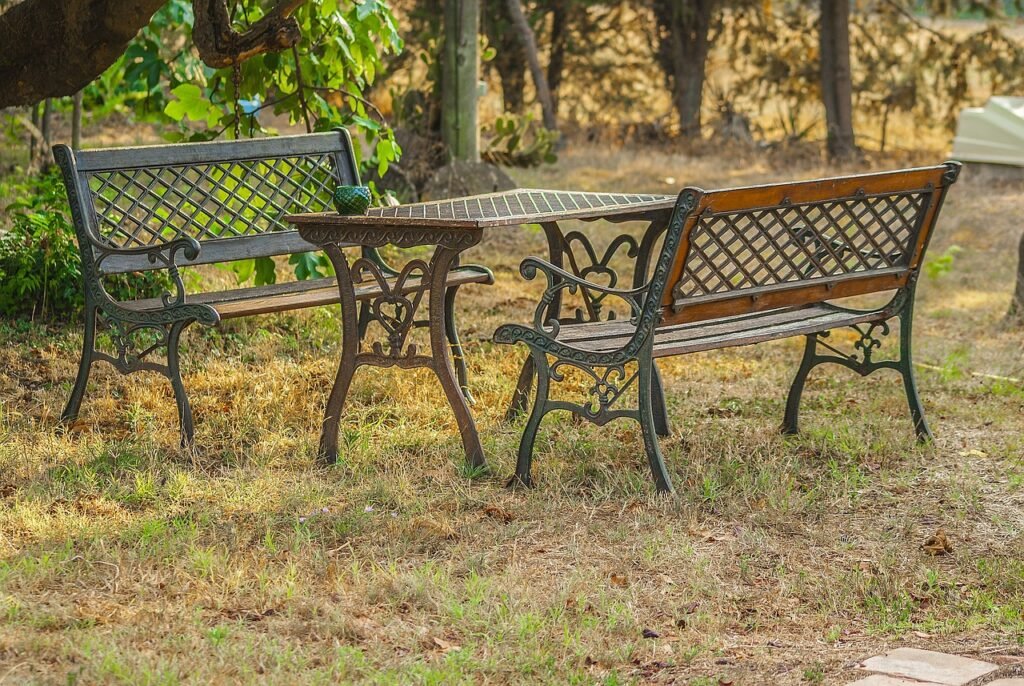 table and benches, garden furniture, cast iron