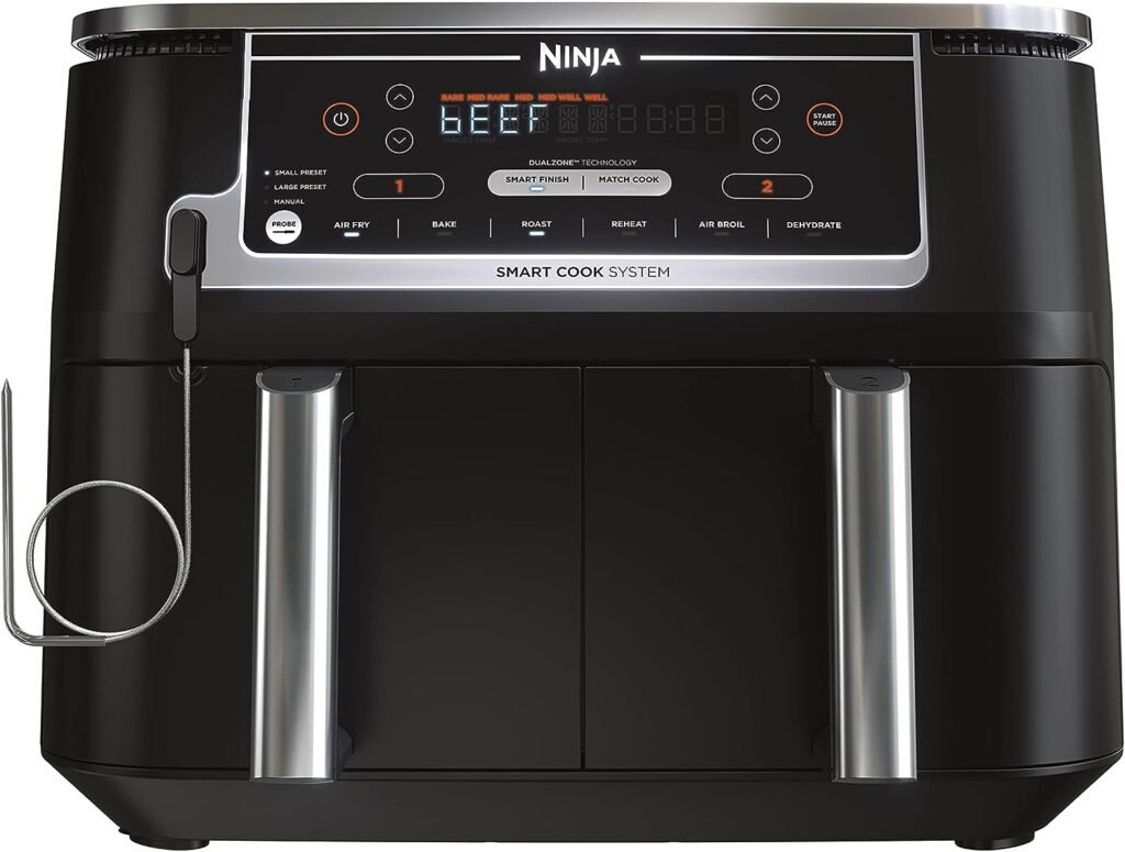 Ninja DZ550 Foodi 10 Quart 6-in-1 DualZone Smart XL Air Fryer with 2 Independent Baskets, Thermometer for Perfect Doneness, Match Cook Smart Finish to Roast, Dehydrate More, Grey