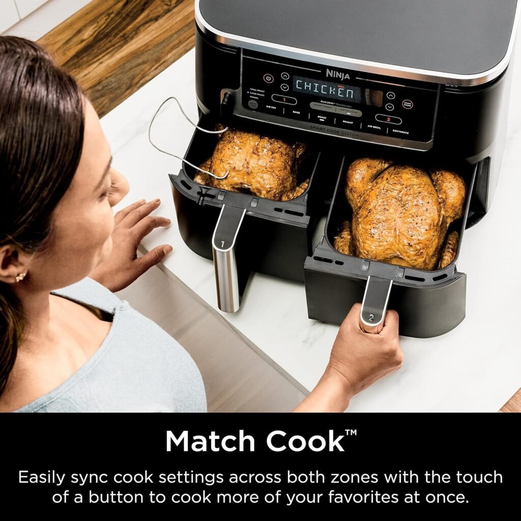 Ninja DZ550 Foodi 10 Quart 6-in-1 DualZone Smart XL Air Fryer with 2 Independent Baskets, Thermometer for Perfect Doneness, Match Cook Smart Finish to Roast, Dehydrate More, Grey